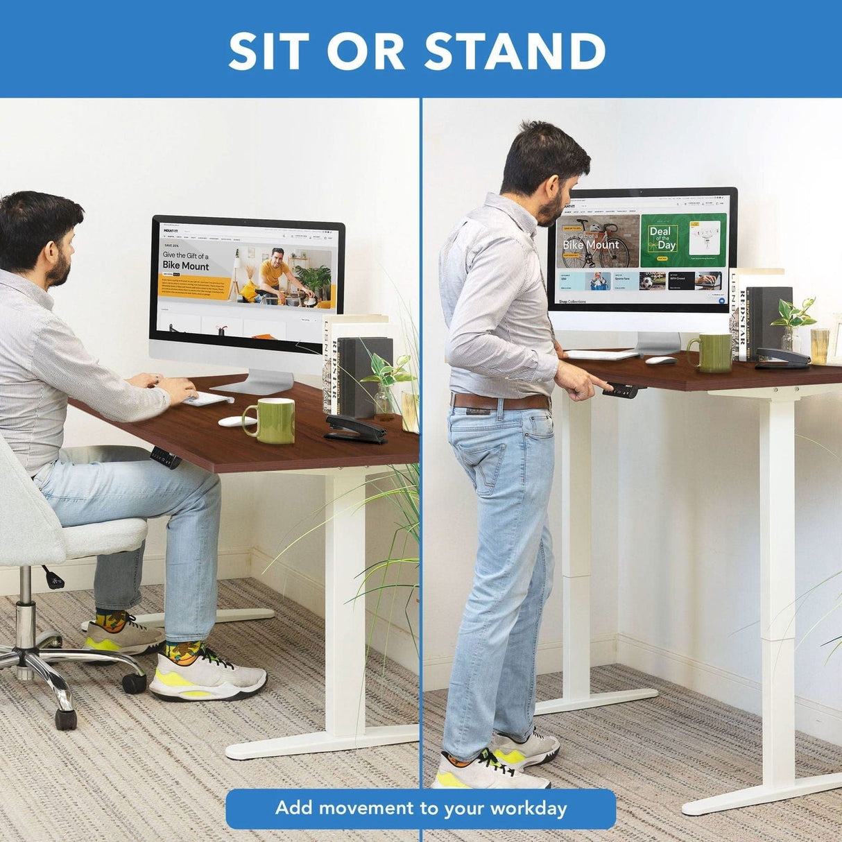 Dual Motor Electric Standing Desk with 55" Tabletop - White Base Standing Desk - Dual Motor Electric Standing Desk with 55" Tabletop - White Base - Mount-It! -