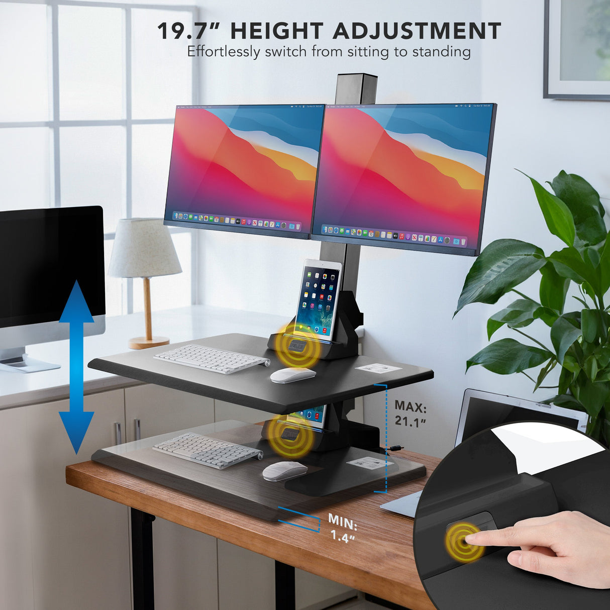 Electric Sit-Stand Desk Converter for 2 Monitors Desk Converters - Electric Sit-Stand Desk Converter for 2 Monitors - Mount-It! -