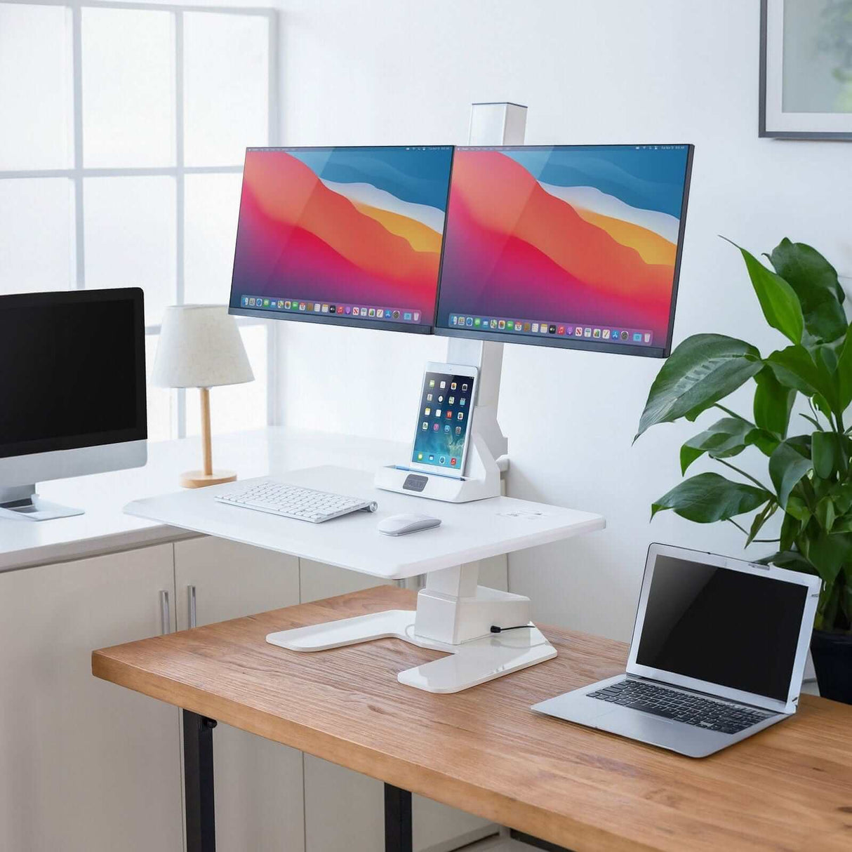 Electric Sit-Stand Desk Converter for 2 Monitors Desk Converters - Electric Sit-Stand Desk Converter for 2 Monitors - Mount-It! -