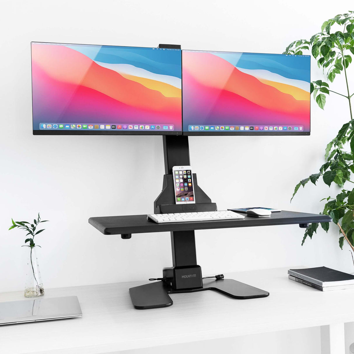 Electric Sit-Stand Desk Converter for 2 Monitors Desk Converters - Electric Sit-Stand Desk Converter for 2 Monitors - Mount-It! -