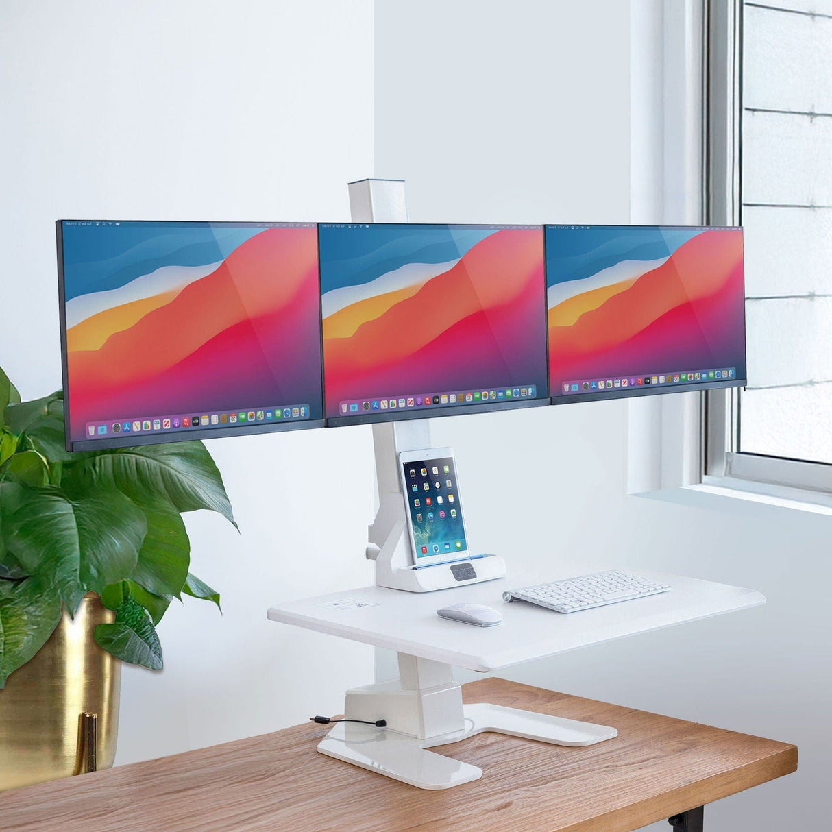 Electric Standing Desk Converter for 3 Monitors Desk Converters - Electric Standing Desk Converter for 3 Monitors - Mount-It! -
