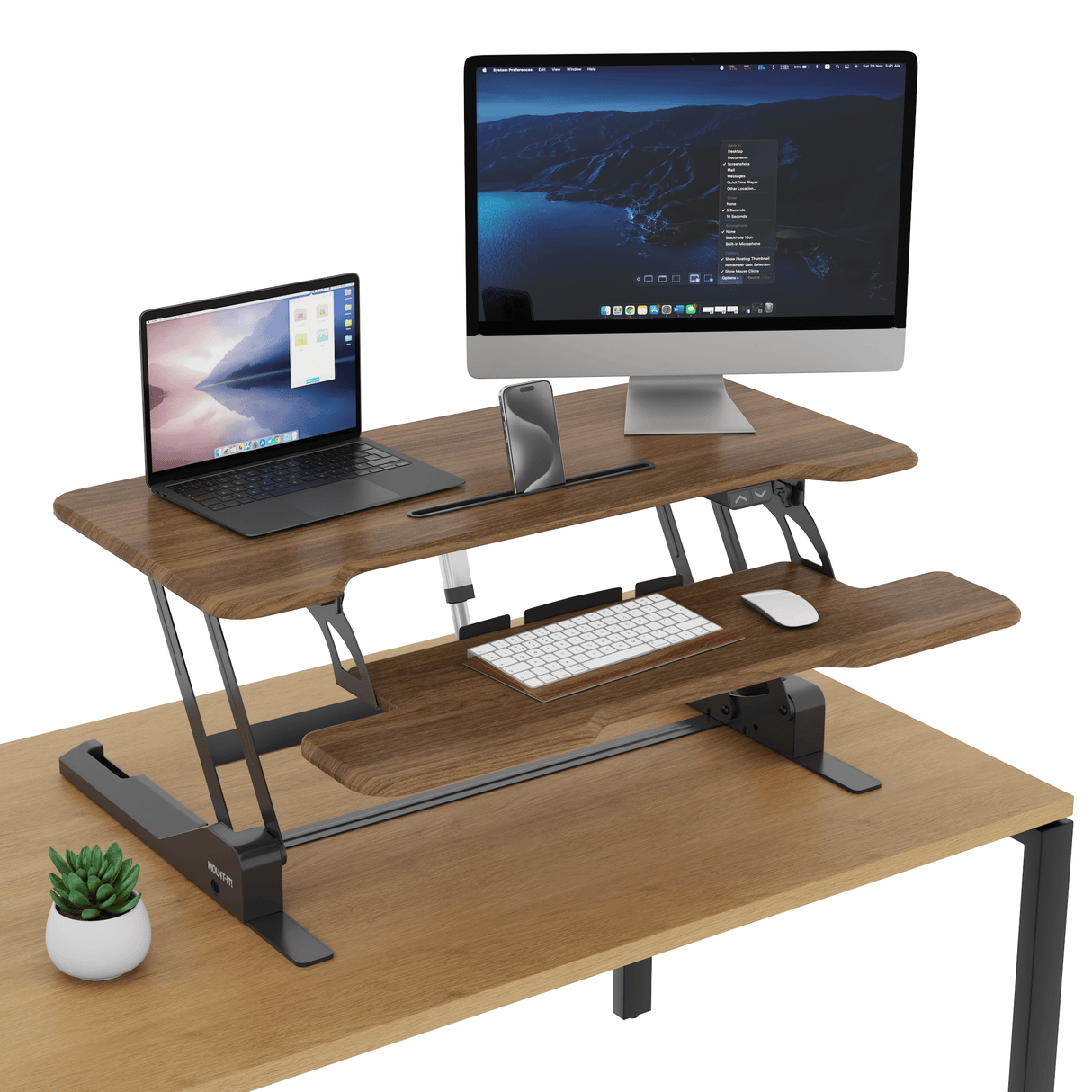 Electric Standing Desk Converter with 38" Desktop Electric Standing Desk Converter with 38" Desktop - MI-8011 - Dark Walnut Woodgrain - with monitor and laptop on desk