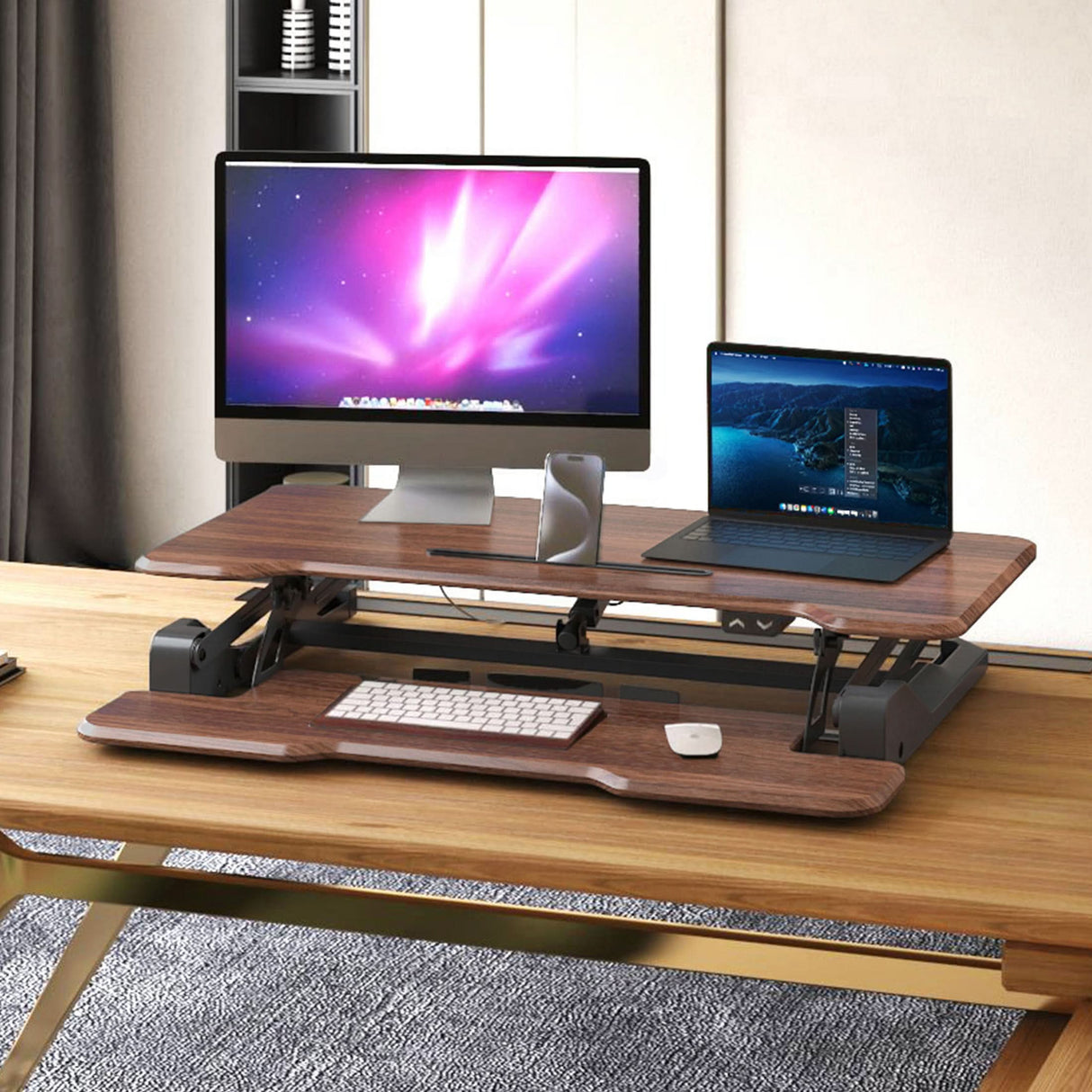 Electric Standing Desk Converter with 38" Desktop Electric Standing Desk Converter with 38" Desktop - MI-8011 - Dark Walnut Woodgrain - In use with monitor and laptop on desk - lowered position