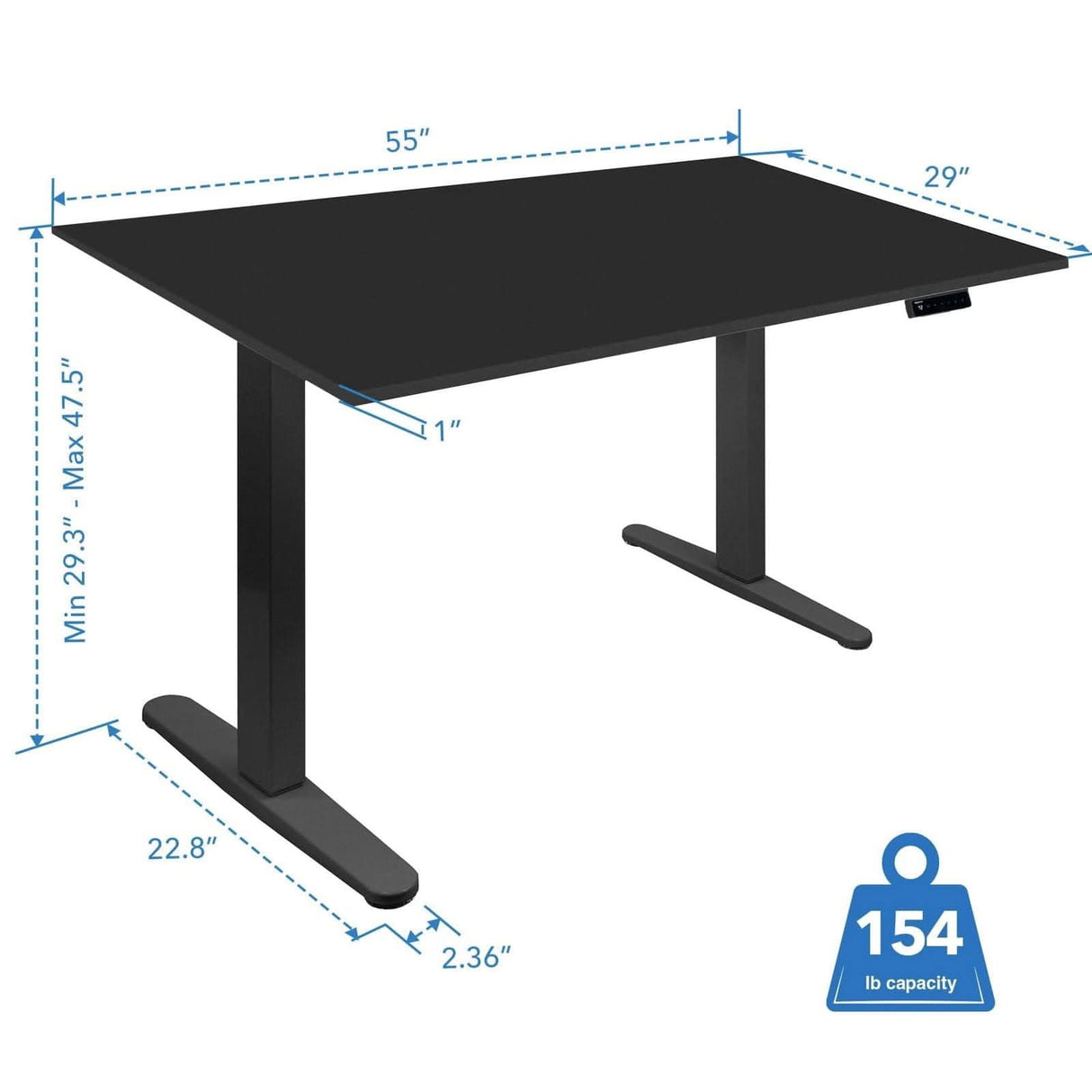 Electric Standing Desk with 55" Tabletop - Black Base Standing Desk - Electric Standing Desk with 55" Tabletop - Black Base - Mount-It! -