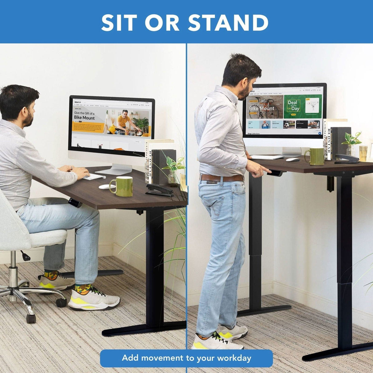 Electric Standing Desk with 55" Tabletop - Black Base Standing Desk - Electric Standing Desk with 55" Tabletop - Black Base - Mount-It! -