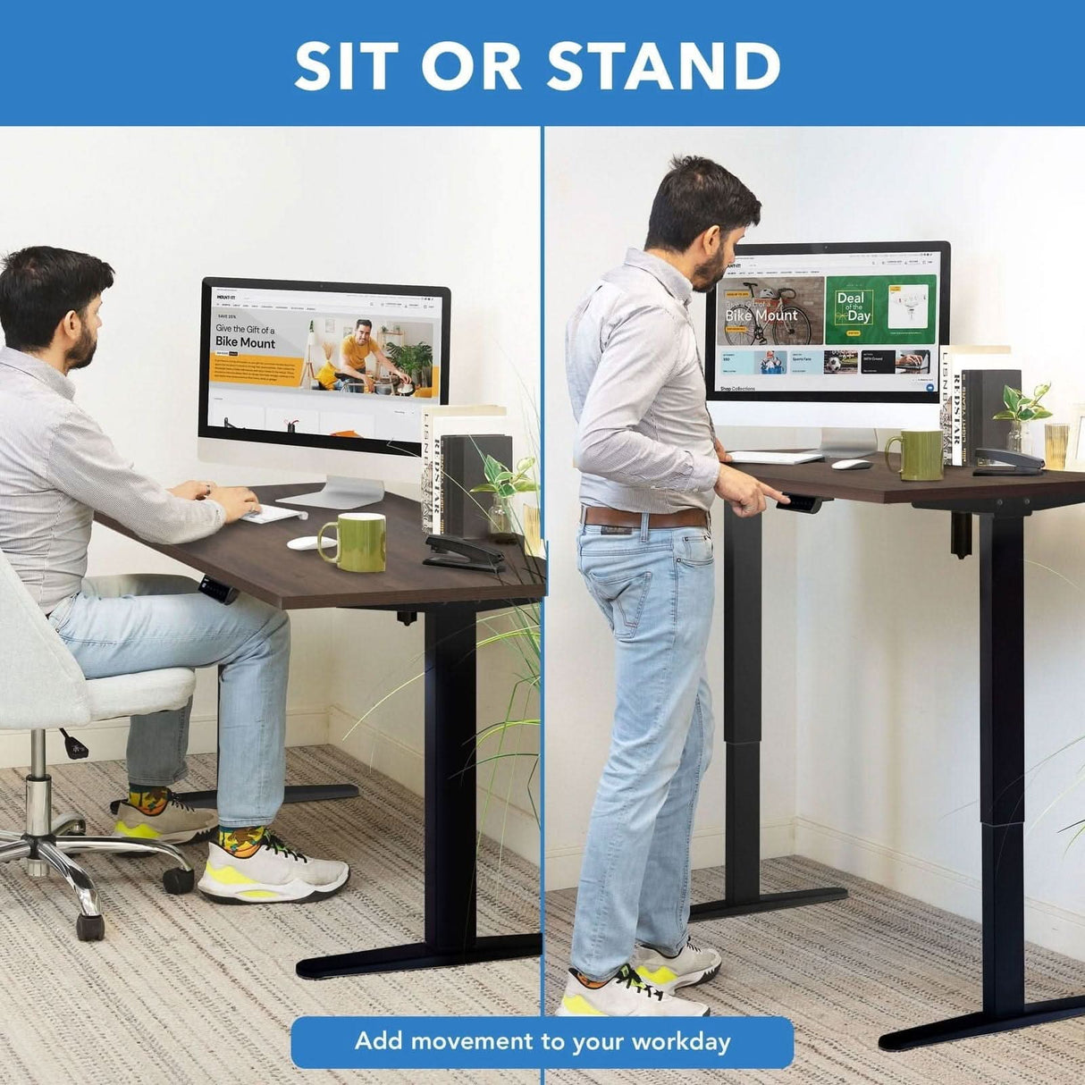 Electric Standing Desk with 55" Tabletop - Black Base Standing Desk - Electric Standing Desk with 55" Tabletop - Black Base - Mount-It! -