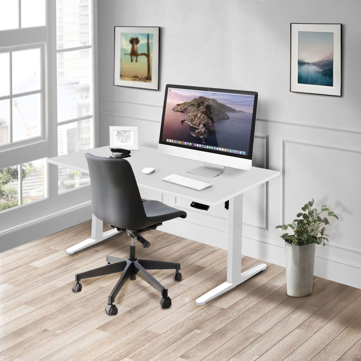 Electric Standing Desk with 55" Tabletop - White Base Standing Desk - Electric Standing Desk with 55" Tabletop - White Base - Mount-It! -