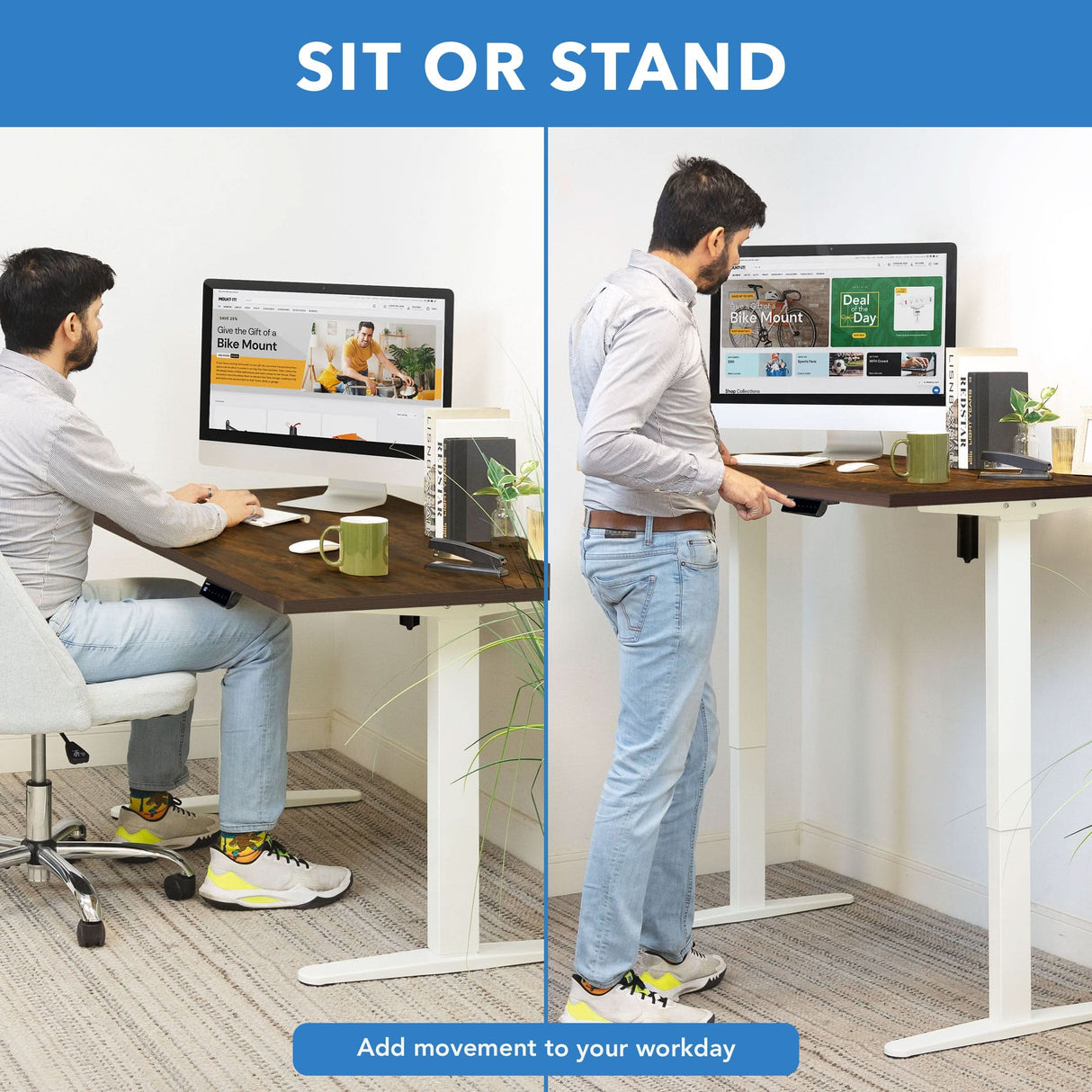 Electric Standing Desk with 55" Tabletop - White Base Standing Desk - Electric Standing Desk with 55" Tabletop - White Base - Mount-It! -
