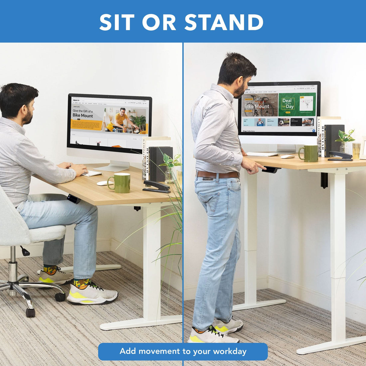 Electric Standing Desk with 55" Tabletop - White Base Standing Desk - Electric Standing Desk with 55" Tabletop - White Base - Mount-It! -