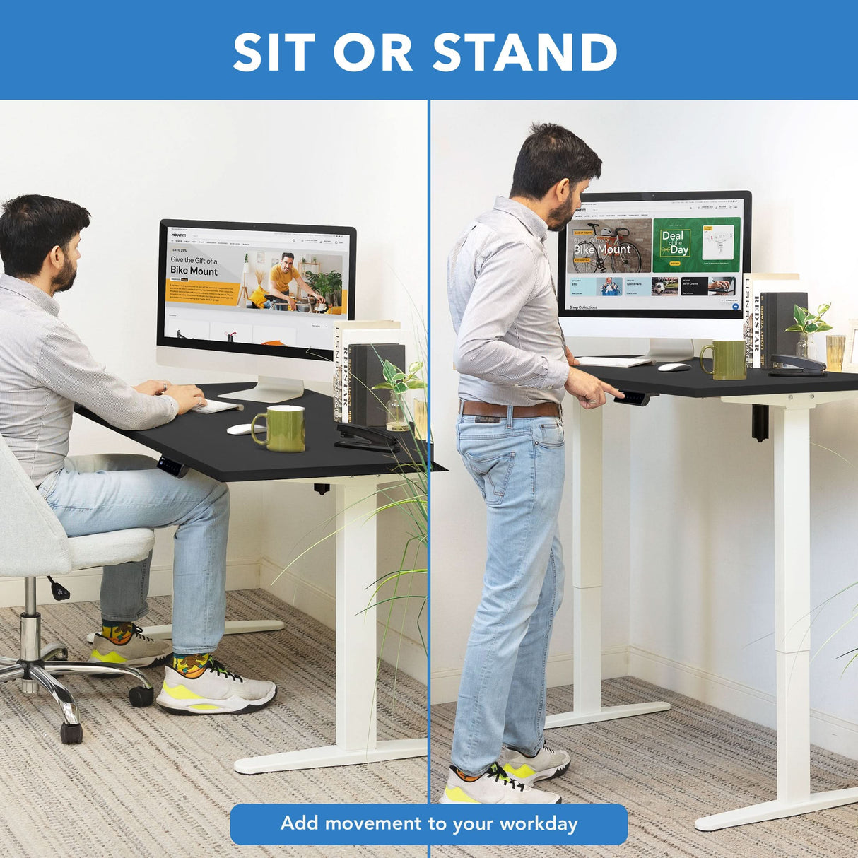 Electric Standing Desk with 55" Tabletop - White Base Standing Desk - Electric Standing Desk with 55" Tabletop - White Base - Mount-It! -