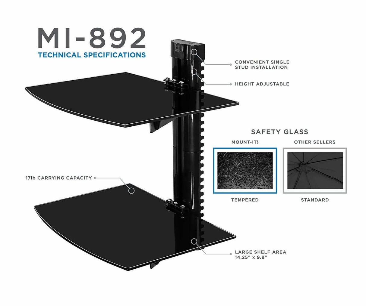 Floating Wall Mounted Dual Shelf Stand Component Shelves - Floating Wall Mounted Dual Shelf Stand - Mount-It! - MI-892