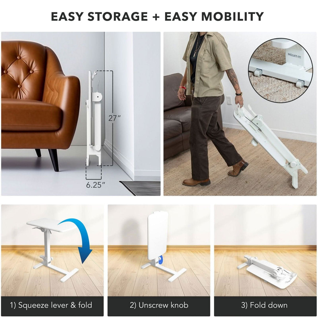 Foldable Rolling Overbed Table Mobile Standing Desk - Foldable Rolling Overbed Table - MI-8046 - folded and being stored and transported