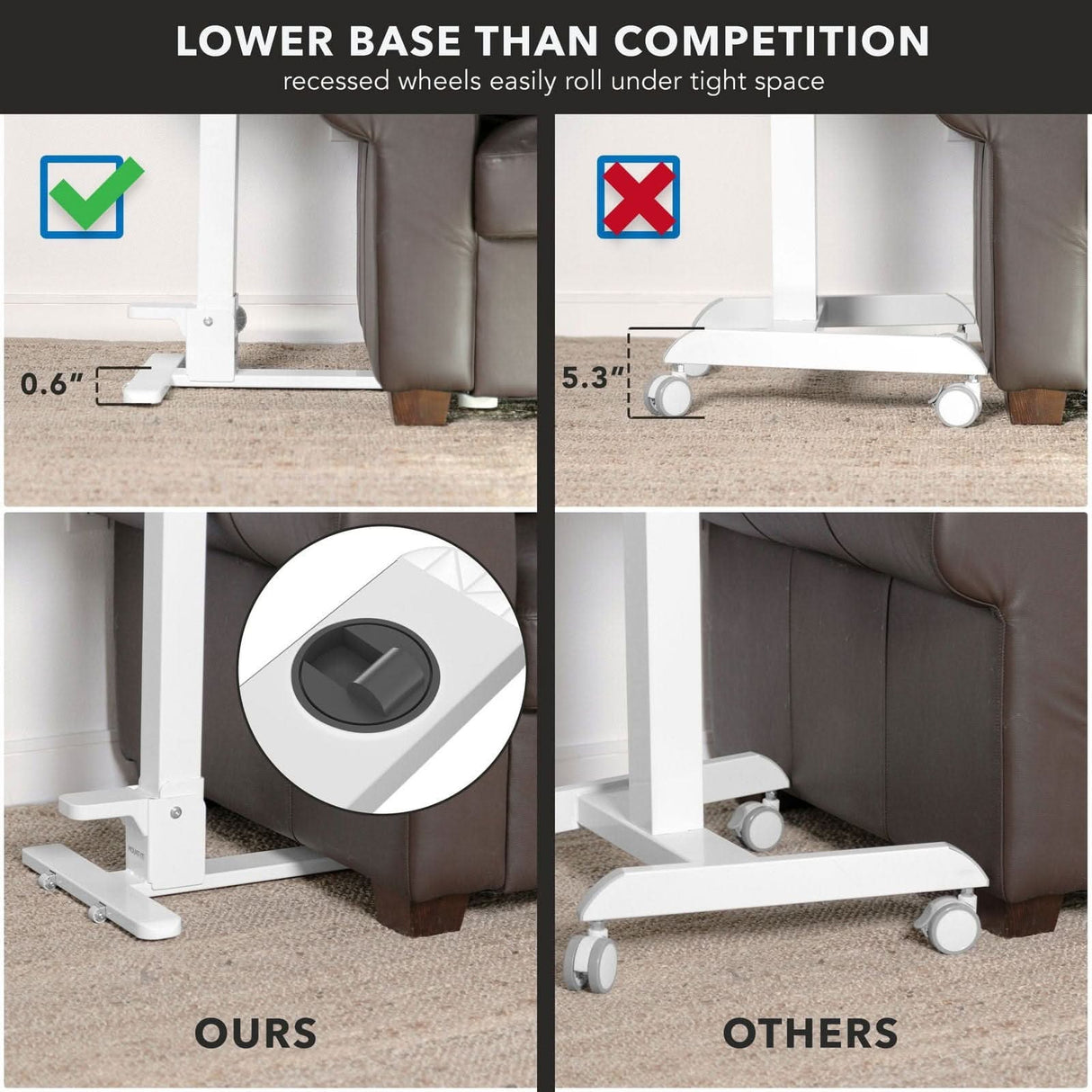 Foldable Rolling Overbed Table Mobile Standing Desk - Foldable Rolling Overbed Table - MI-8046 - low base that fits under furniture
