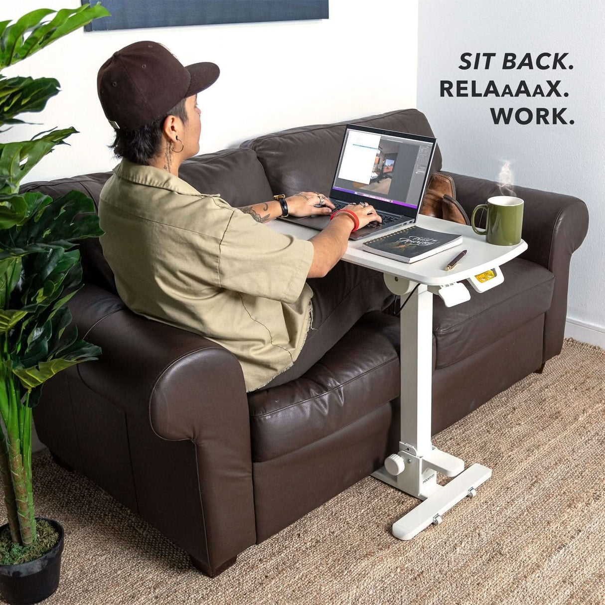 Foldable Rolling Overbed Table Mobile Standing Desk - Foldable Rolling Overbed Table - MI-8046 with person laying on sofa working on laptop