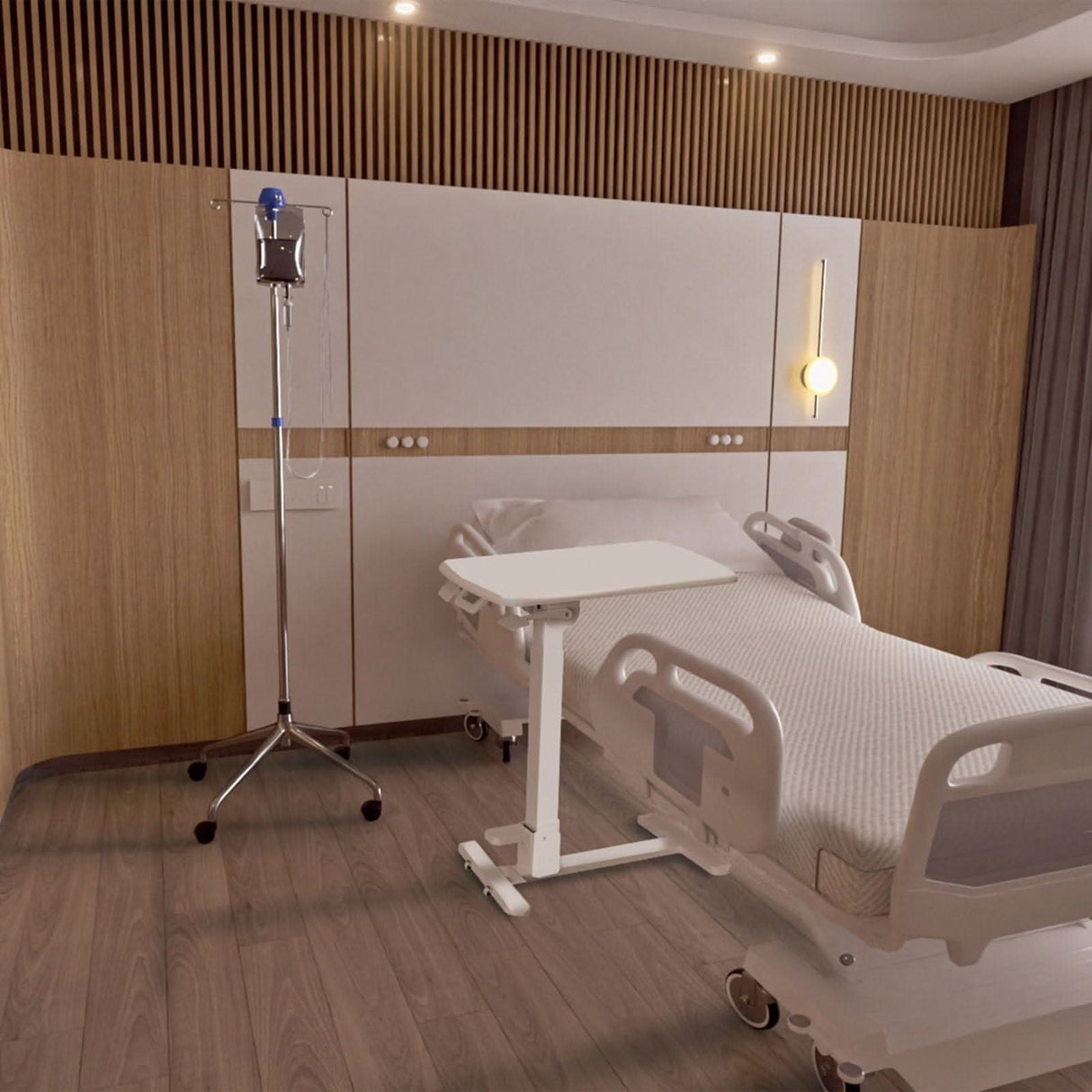 Foldable Rolling Overbed Table Mobile Standing Desk - Foldable Rolling Overbed Table - MI-8046 next to a hospital bed