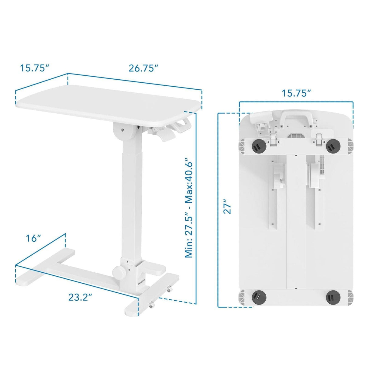 Foldable Rolling Overbed Table Mobile Standing Desk - Foldable Rolling Overbed Table - MI-8046 Dimensions fully set up and folded