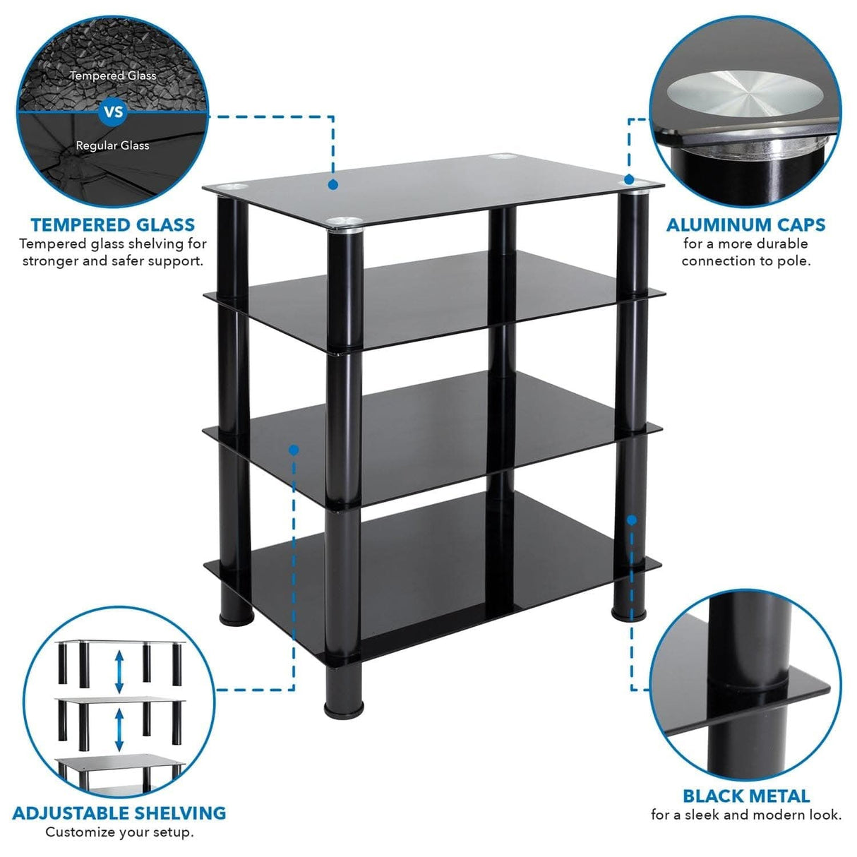 Four-Tiered Glass A/V Media Stand Component Shelves - Four-Tiered Glass A/V Media Stand - Mount-It! - MI-8670