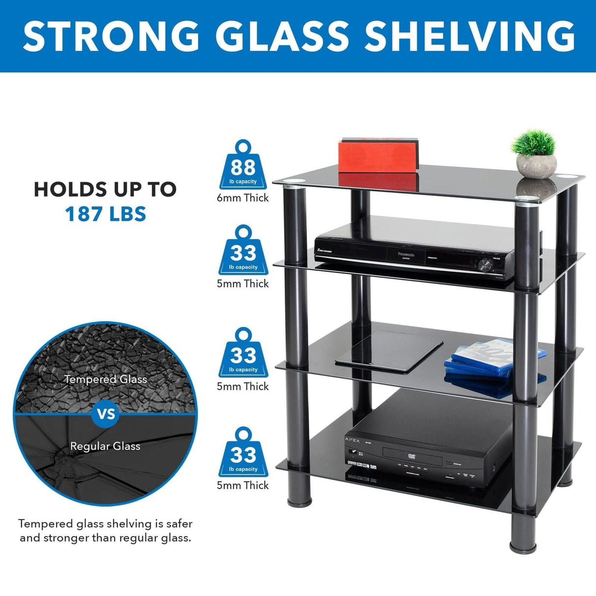 Four-Tiered Glass A/V Media Stand Component Shelves - Four-Tiered Glass A/V Media Stand - Mount-It! - MI-8670
