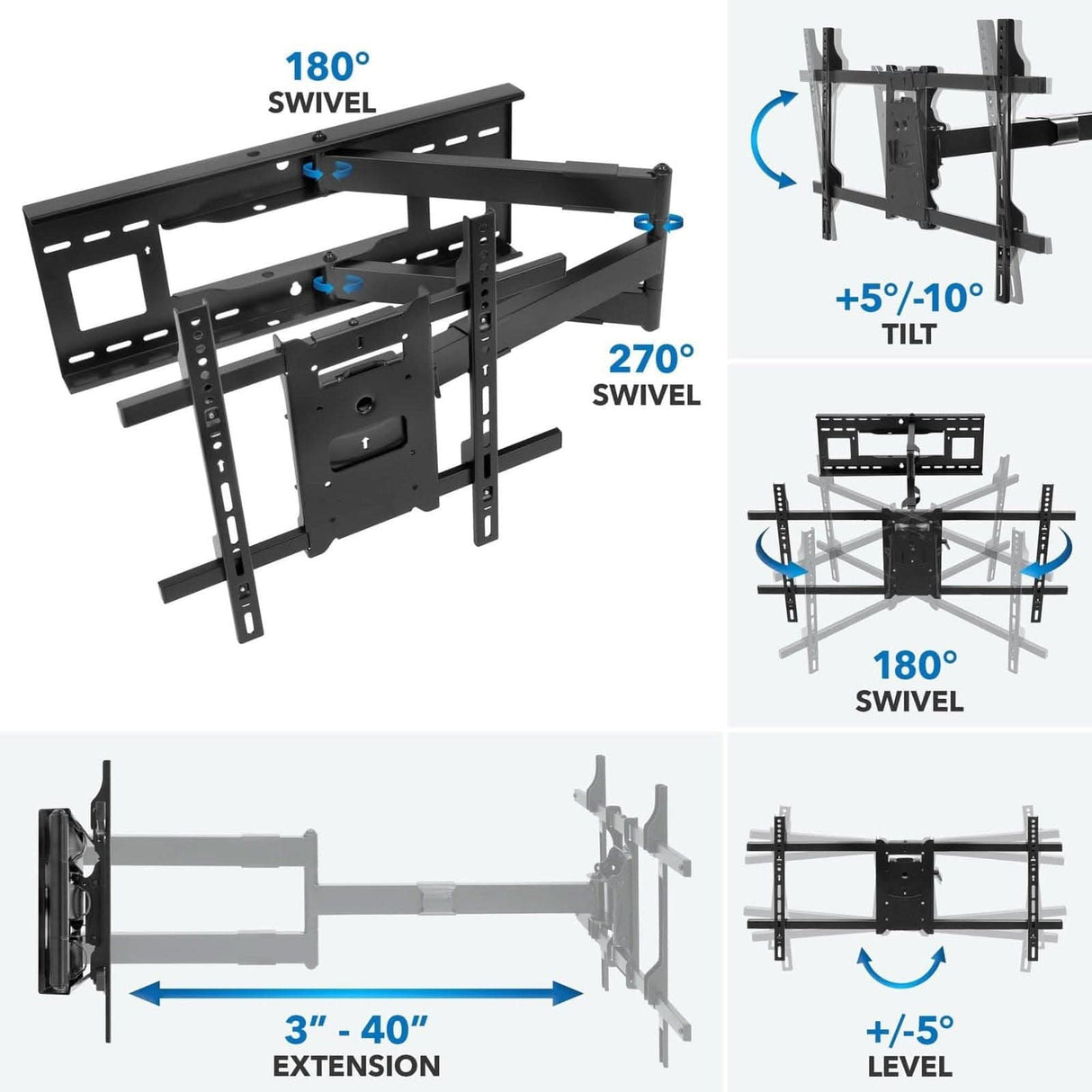 Full Motion TV Wall Mount with Extra Long Extension - TVs up to 80" TV Mount - Full Motion TV Wall Mount with Extra Long Extension - Mount-It! - MI-372