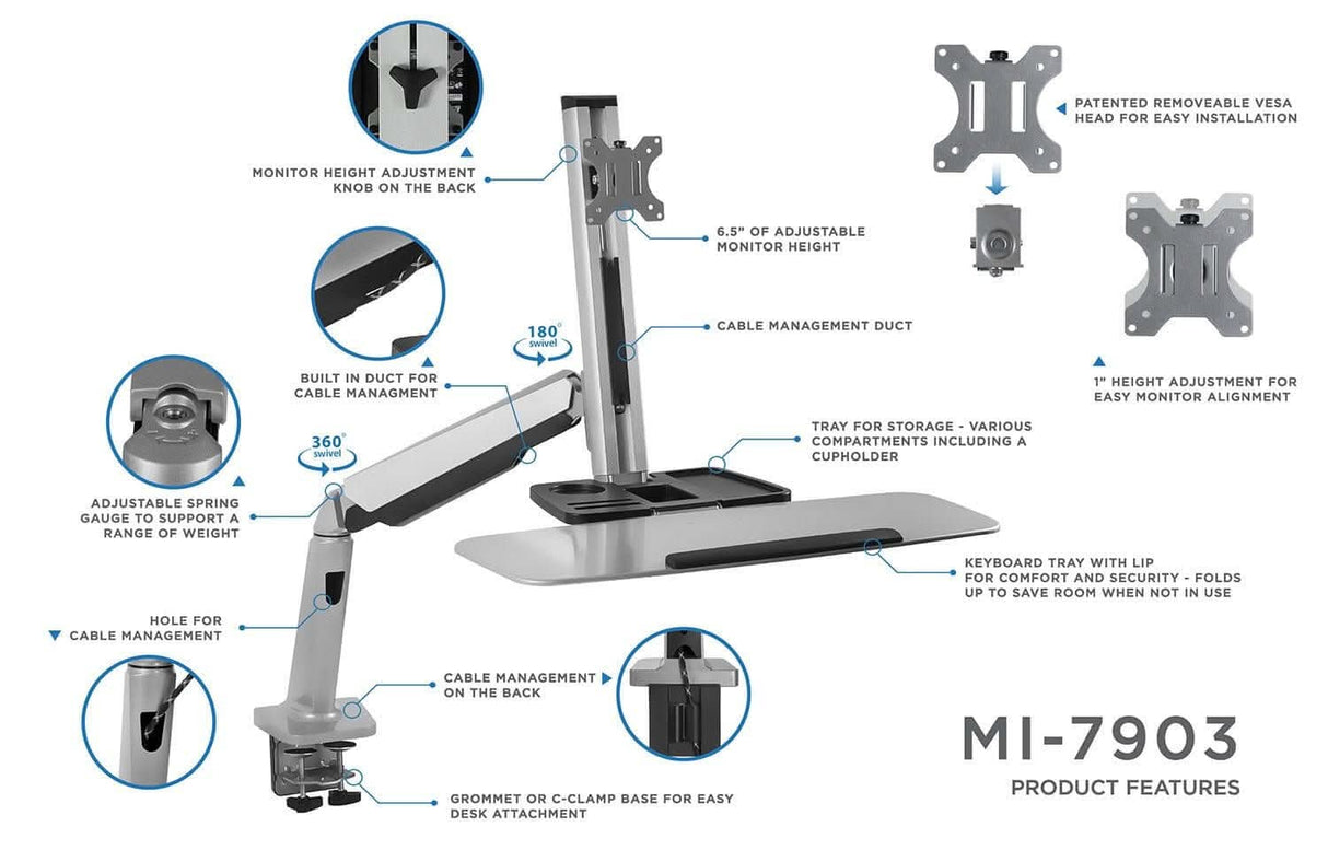 Single Monitor Adjustable Sit Stand Workstation Grey Desk Converters - Single Monitor Adjustable Sit Stand Workstation - Mount-It! - MI-7903