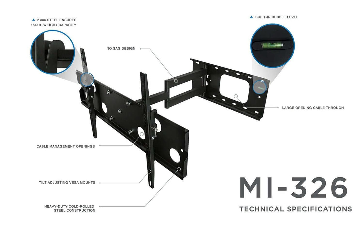 Heavy Duty Low Profile Full Motion TV Wall Mount with Long Extension TV Mount - Heavy Duty Low Profile Full Motion TV Wall Mount with Long Extension - Mount-It! - MI-326B