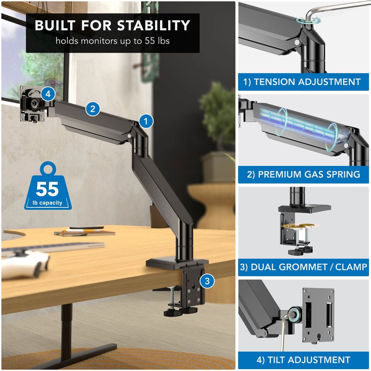 Heavy-Duty Single Monitor Desk Mount with Gas Spring Arm Monitor Mount - Heavy-Duty Single Monitor Desk Mount with Gas Spring Arm - Mount-It! - MI-4891
