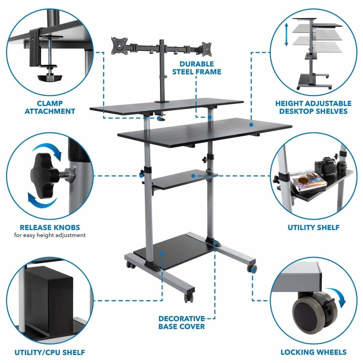 Height Adjustable Rolling Stand up Desk Mobile Standing Desk - Height Adjustable Rolling Stand up Desk - Mount-It! -