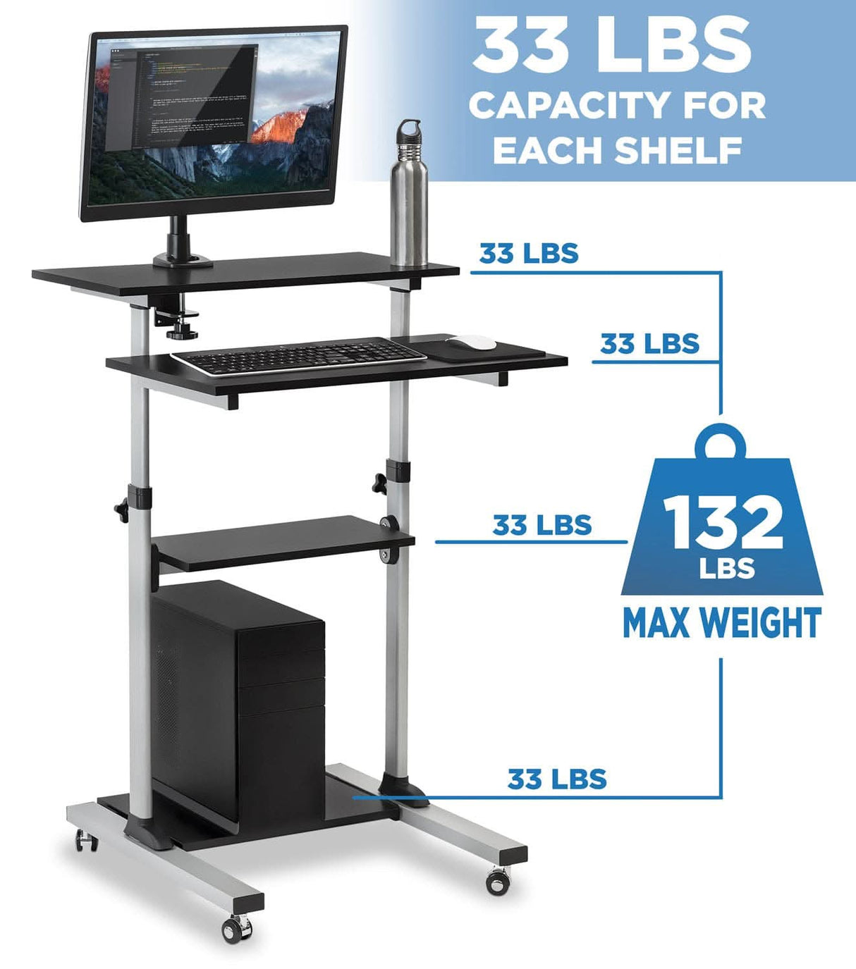 Height Adjustable Rolling Stand up Desk Mobile Standing Desk - Height Adjustable Rolling Stand up Desk - Mount-It! -