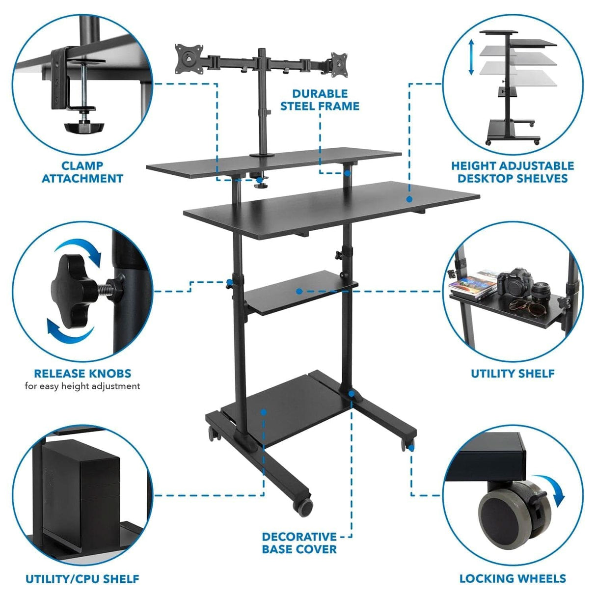 Height Adjustable Rolling Stand up Desk Mobile Standing Desk - Height Adjustable Rolling Stand up Desk - Mount-It! -