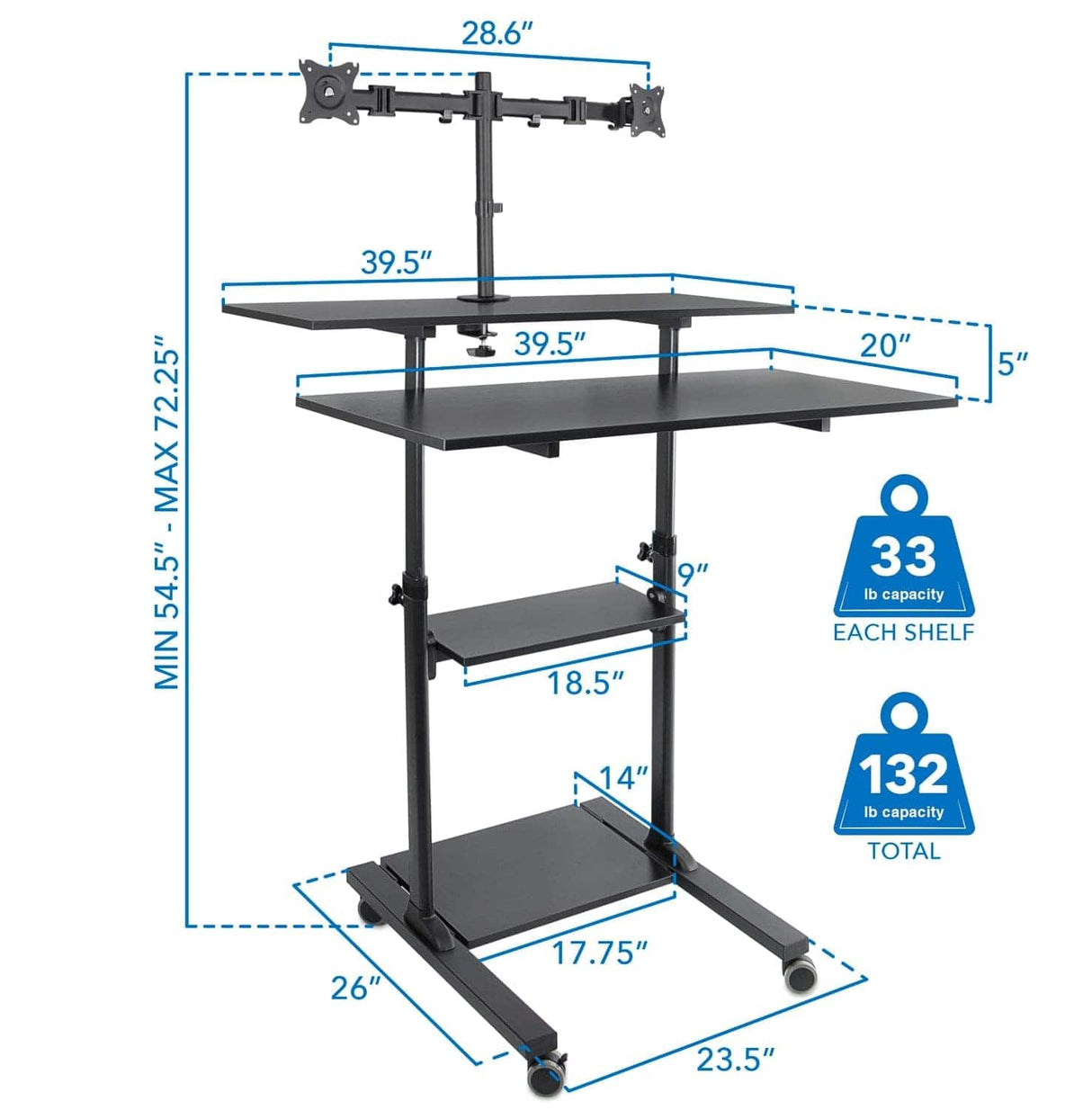 Height Adjustable Rolling Stand up Desk Mobile Standing Desk - Height Adjustable Rolling Stand up Desk - Mount-It! -