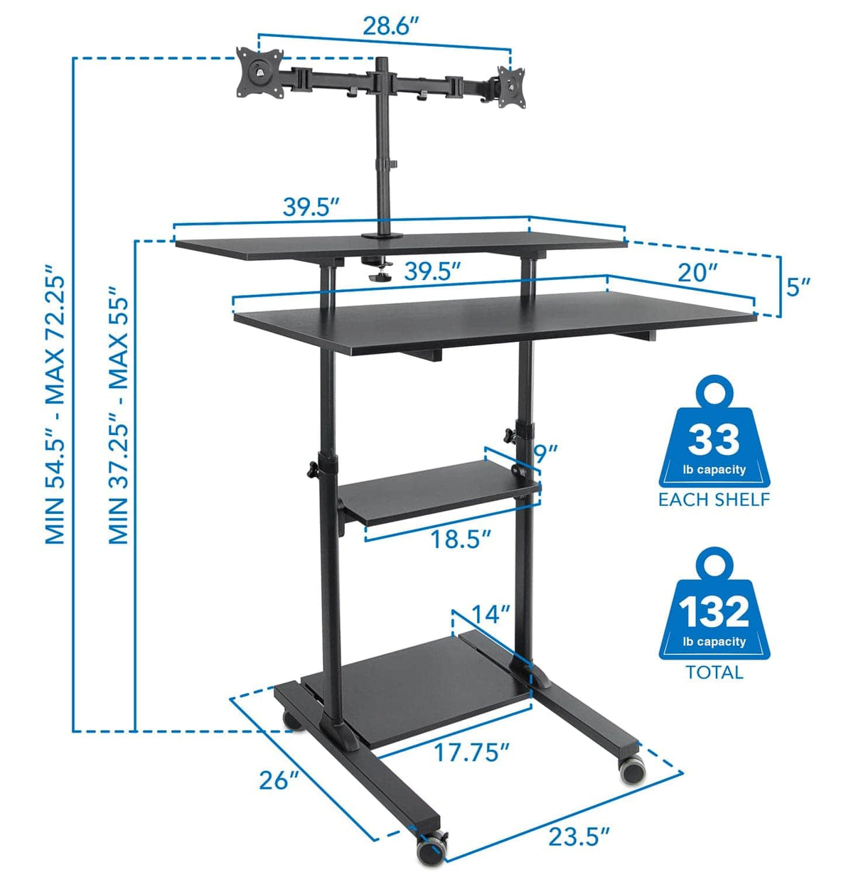 Height Adjustable Rolling Stand up Desk Mobile Standing Desk - Height Adjustable Rolling Stand up Desk - Mount-It! -