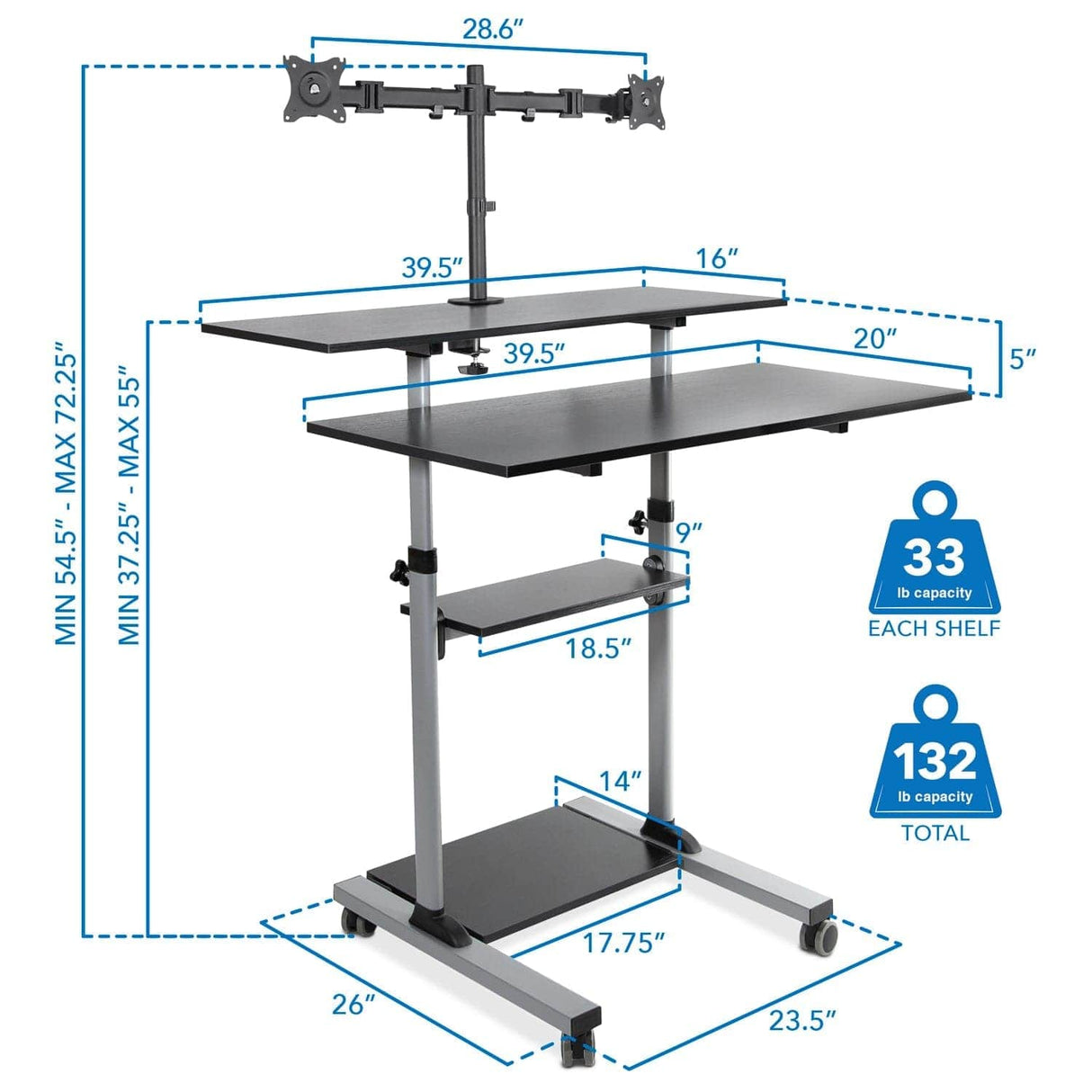 Height Adjustable Rolling Stand up Desk Mobile Standing Desk - Height Adjustable Rolling Stand up Desk - Mount-It! -