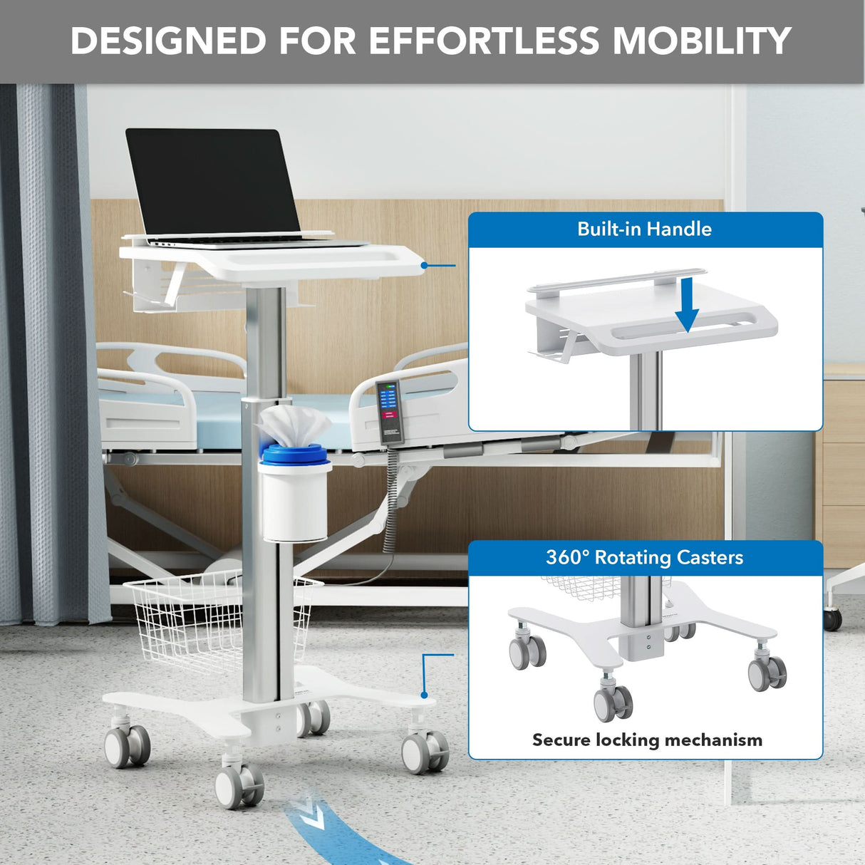 Mobile Standing Desk - MedHub Height Adjustable Laptop Cart with Security Bar - Mount-It! - MI-16030