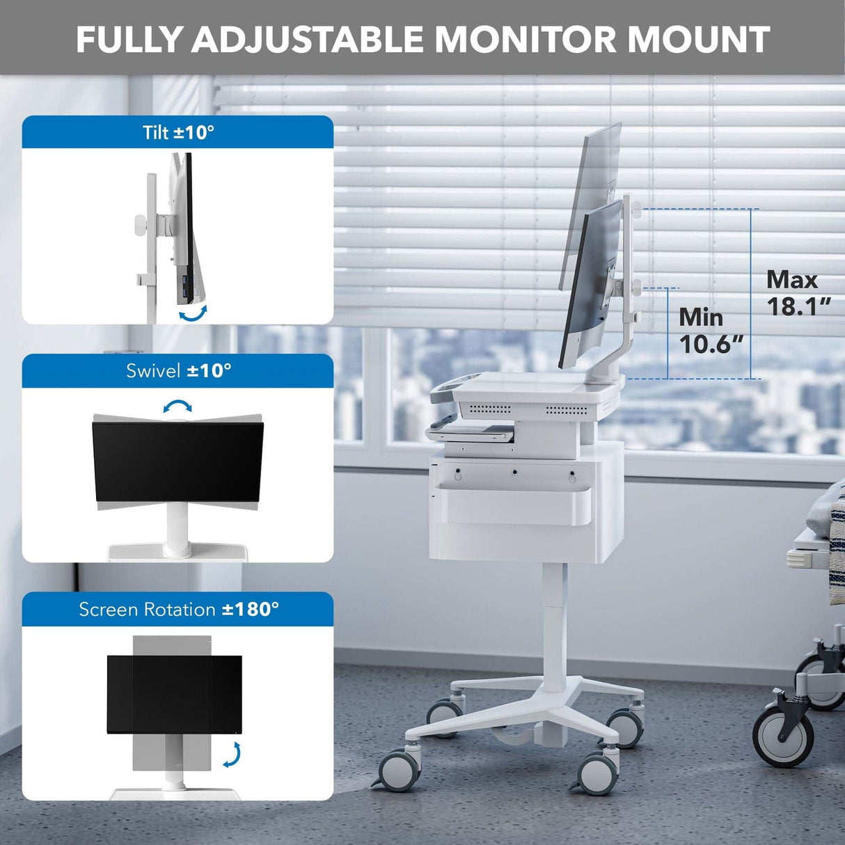 MedHub Mobile Workstation with Drawers and Monitor Mount - MedHub Mobile Workstation with Drawers and Monitor Mount - Mount-It! - MI-16025