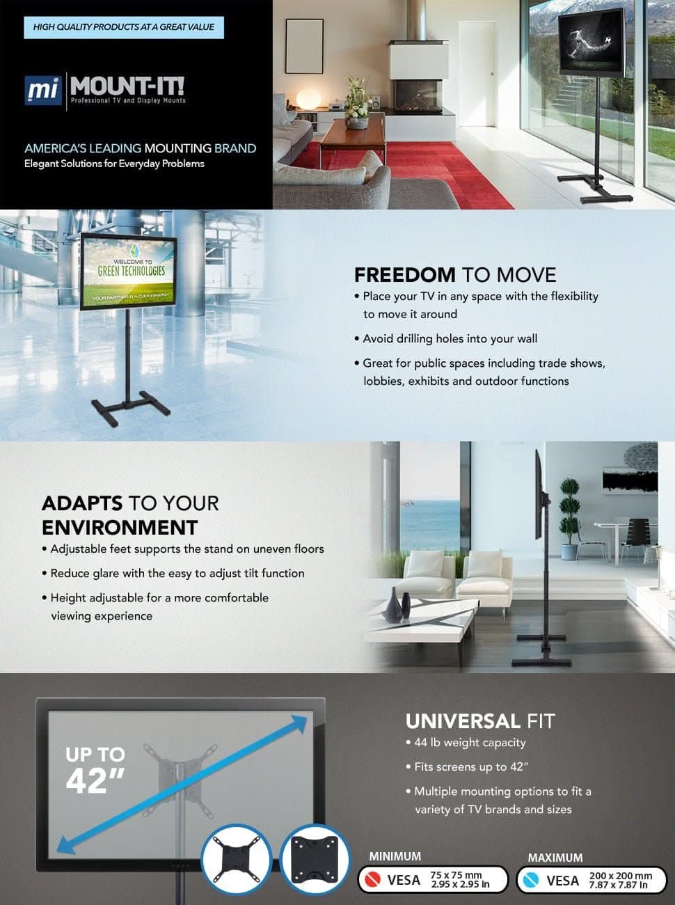 Portable TV Floor Stand TV Stand - Portable TV Floor Stand - Mount-It! - MI-878