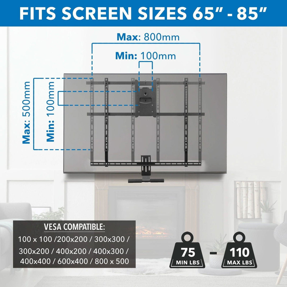 Pull Down Fireplace TV Mount - For TVs from 65" to 85" TV Mount - Pull Down Fireplace TV Mount - For TVs from 65" to 85" - Mount-It! - MI-384L