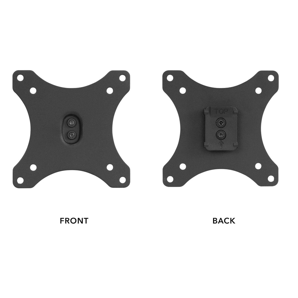 Two black metal Mount-It! Replacement Monitor VESA Plates are shown side by side, labeled FRONT and BACK, each featuring a 100mm x 100mm VESA hole pattern with four corner holes and a central mounting area.