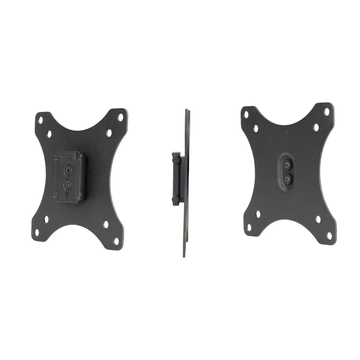 Three black Mount-It! Replacement Monitor VESA Plates are shown from the front, side, and an angle. Each features multiple screw holes and a central bracket compatible with 100x100mm VESA mounts.
