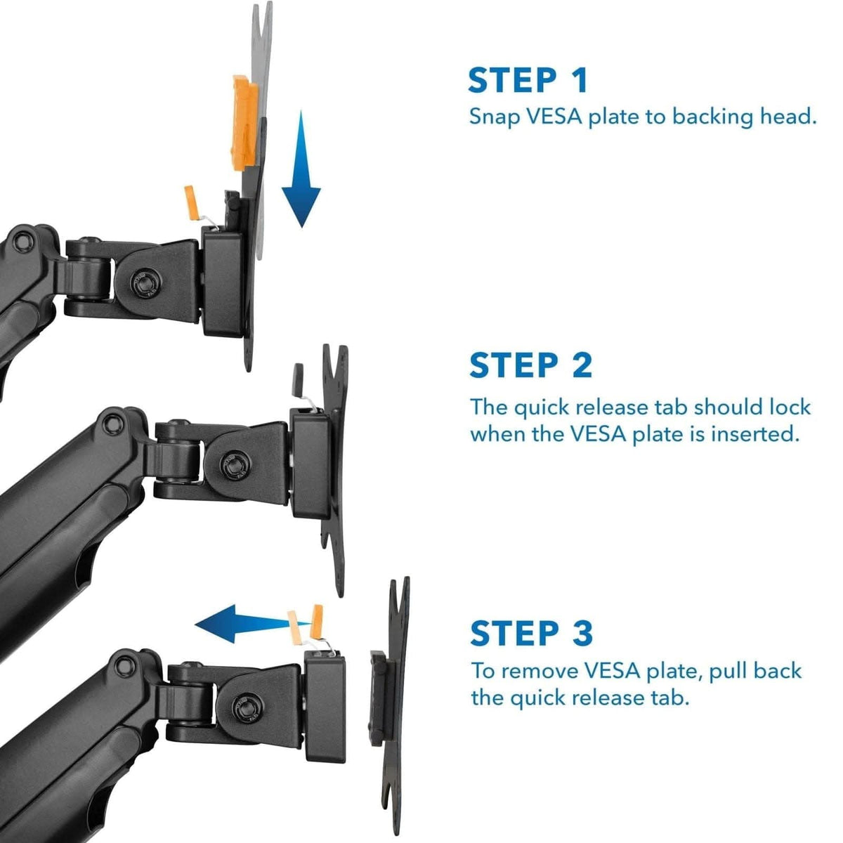 Instructional diagram showing three black Mount-It! Replacement Monitor VESA Plates with 100x100mm VESA mounts, demonstrating how to snap, lock, and release the plate using a quick-release tab. Blue labels mark steps 1-3 with short instructions.