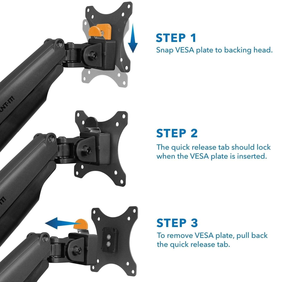 Three steps for the Mount-It! Replacement Monitor VESA Plate (100x100mm): Snap plate onto backing, make sure quick-release tab locks, then pull tab back to remove.