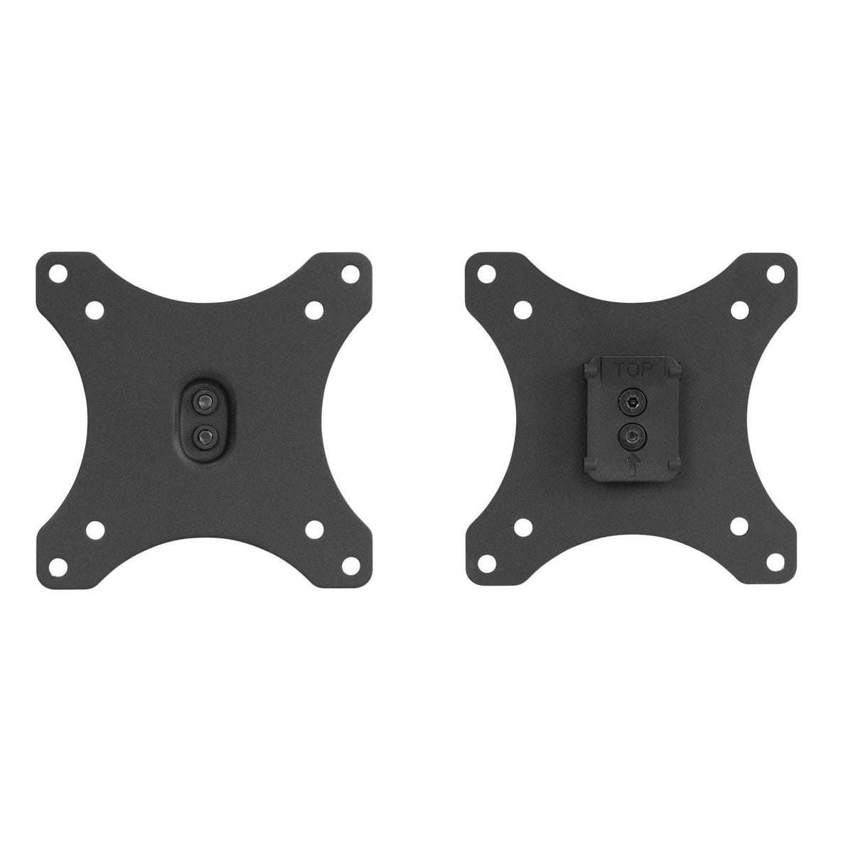 Two black Mount-It! Replacement Monitor VESA Plates with rounded corners and four extended arms, each featuring holes at the ends. One plate shows the front; the other shows the back with a central 100x100mm VESA mount mechanism.