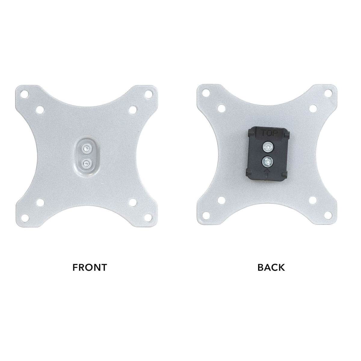 Two silver Mount-It! Replacement Monitor VESA Plates are shown side by side: the front has a smooth surface with a central groove, and the back features a black Mount-It! bracket labeled "TOP" for VESA 100mm x 100mm compatibility.