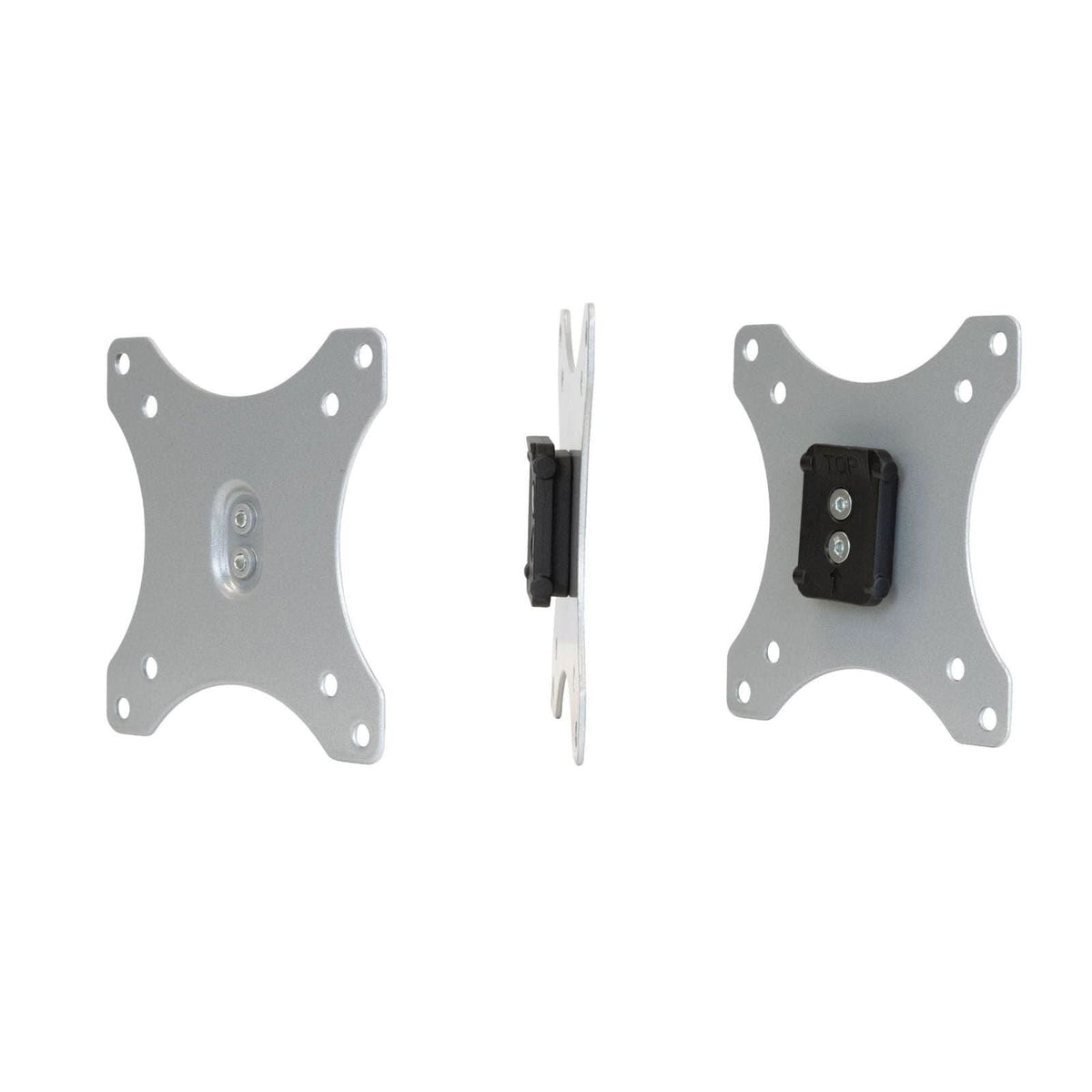 Three views of a Mount-It! Replacement Monitor VESA Plate in silver, featuring eight screw holes and a central black lock, compatible with 100mm x 100mm VESA, shown from the front, side, and back on a white background.