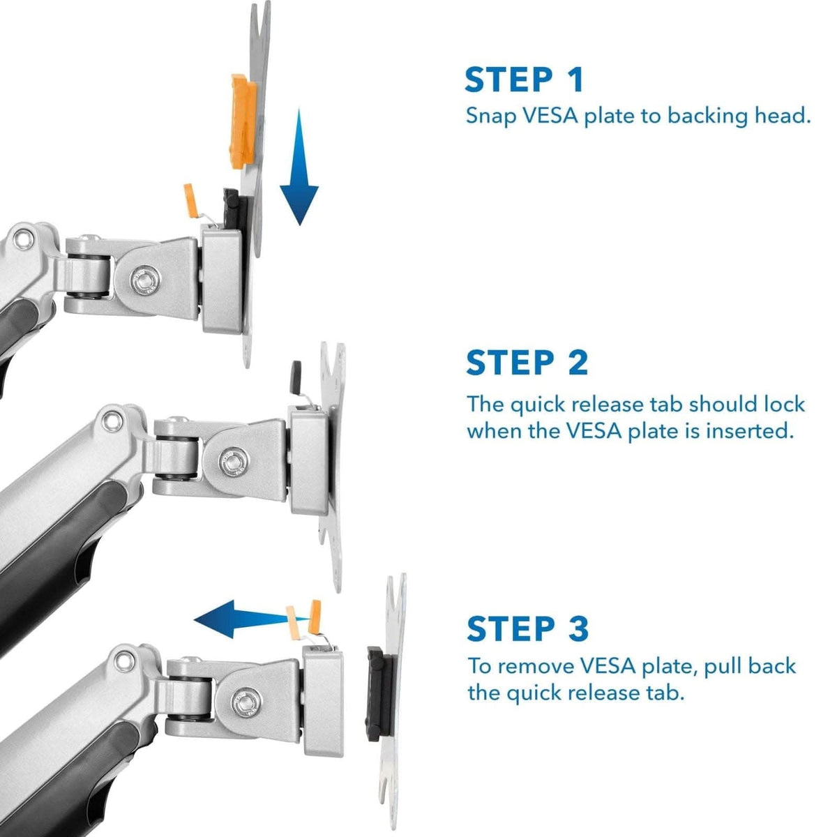 Three-step diagram shows how to attach and remove the Mount-It! Replacement Monitor VESA Plate (100mm x 100mm) using the quick release tab; each step features labeled instructions and images.