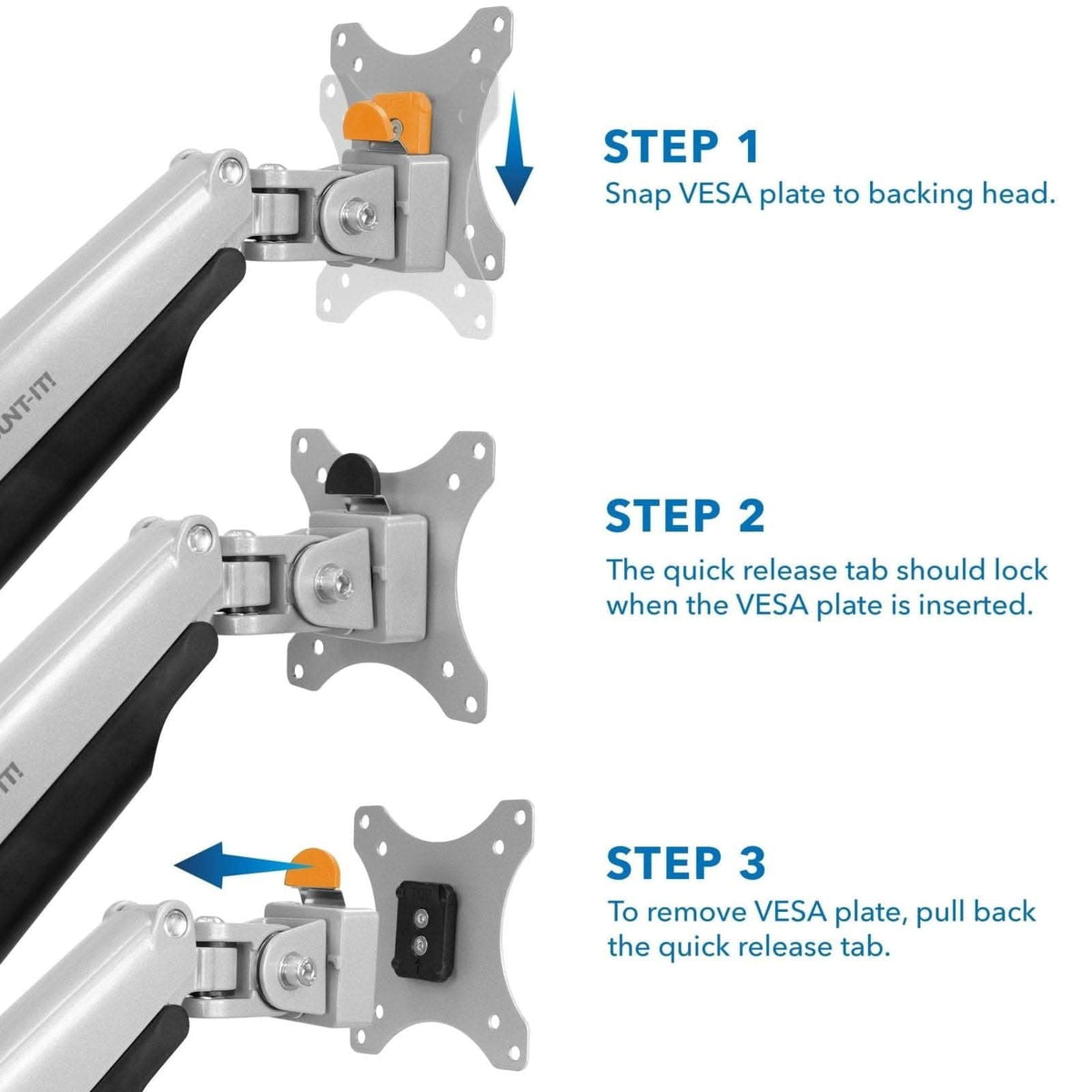Three-step visual guide for attaching and removing the Mount-It! Replacement Monitor VESA Plate (100mm x 100mm) from a monitor arm, with arrows showing the mounting mechanism, quick-release tab, and blue text instructions.
