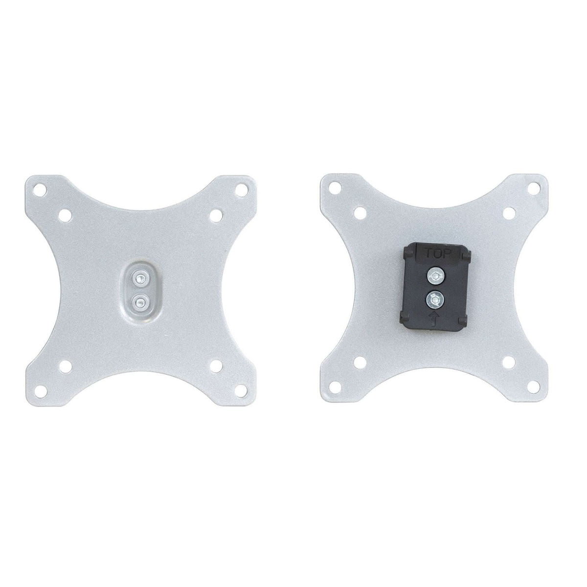 Two silver Mount-It! Replacement Monitor VESA Plates are shown: the left fits 100x100mm VESA with two center screws, while the right has a black bracket labeled "TOP" attached at the center.