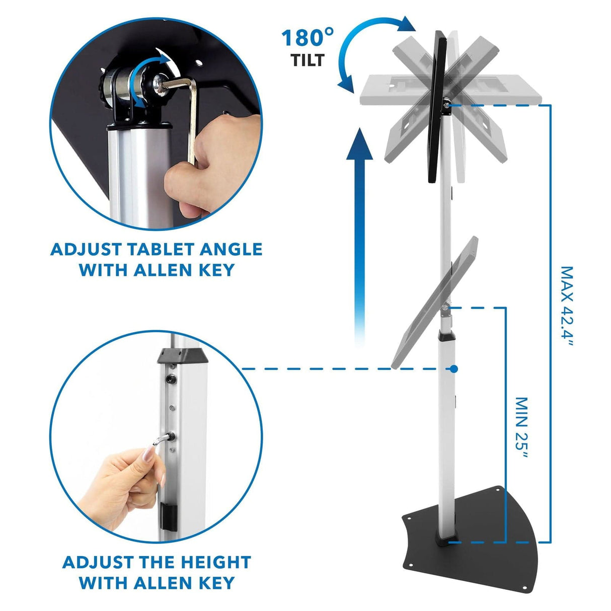 Anti-Theft Tablet Floor Stand with Height Adjustment Silver Tablet Stand - Anti-Theft Tablet Floor Stand with Height Adjustment - Mount-It! - MI-3783_G10