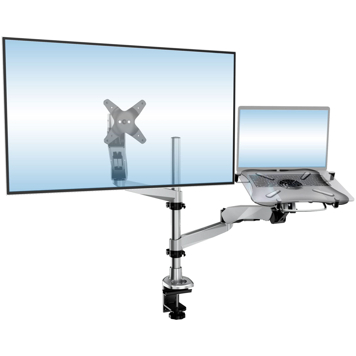 Full Motion Single Monitor + Laptop Mount with Cooling Fan Silver Monitor Mount - CLiX Series Full Motion Single Monitor + Laptop Mount with Cooling Fan - Mount-It! - MI-75816