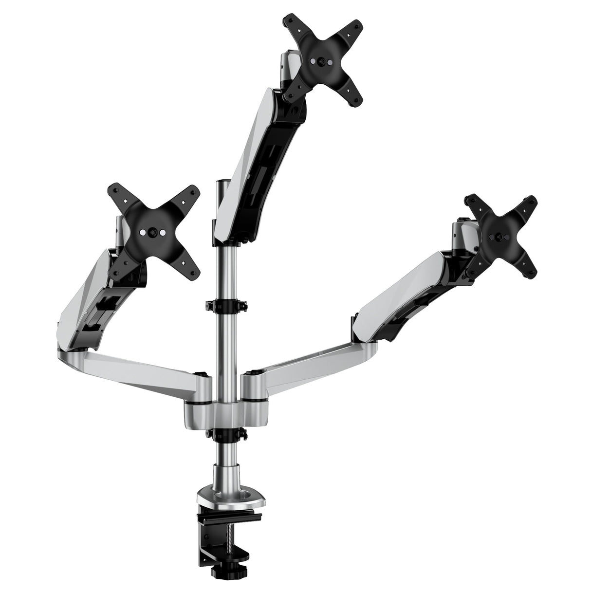 Full Motion Triple Pyramid Monitor Desk Mount with Gas Spring Arms Silver Monitor Mount - CLiX Series Full Motion Triple Pyramid Monitor Desk Mount with Gas Spring Arms - Mount-It! - MI-55116