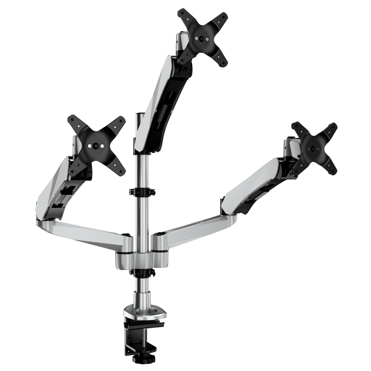 Full Motion Triple Pyramid Monitor Desk Mount with Gas Spring Arms Silver Monitor Mount - CLiX Series Full Motion Triple Pyramid Monitor Desk Mount with Gas Spring Arms - Mount-It! - MI-55116